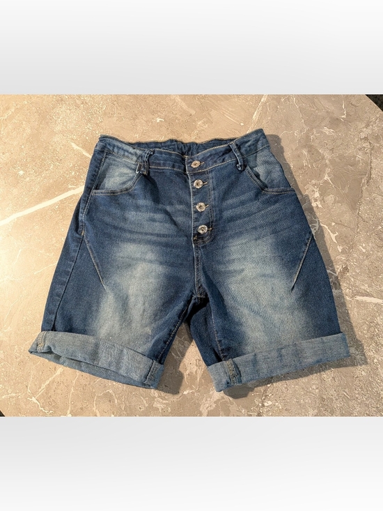 SHEIN Pants - High-Rise Button-Fly Denim Shorts - Blue Wash